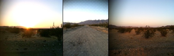 Nearing our destination, sun setting in the west, moon rising in the east. (Photos: M. Hedgecock)